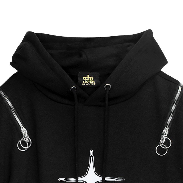 LISTEN FLAVOR x Kaibashira Shoulder Zip Hoodie Black