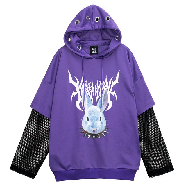 LISTEN FLAVOR Mad Rabbit Fake Layered Sleeve Mesh Hoodie: Listen