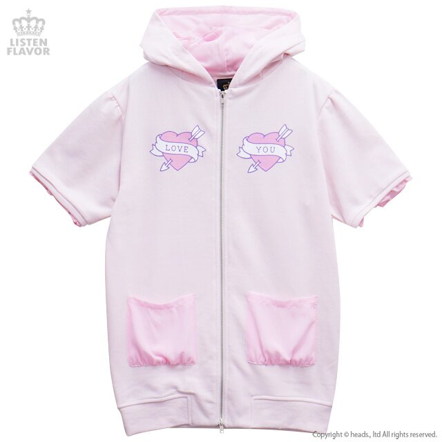 LISTEN FLAVOR Love Heart Half-Sleeve Cat Ear Zip-Up Hoodie