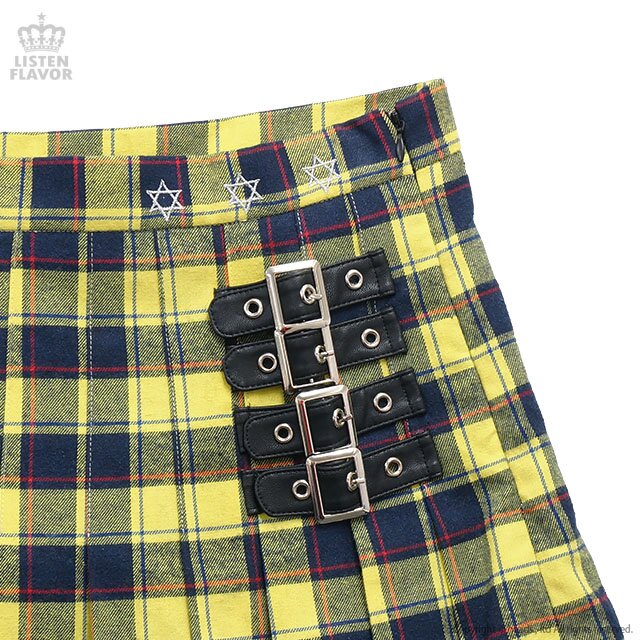 LISTEN FLAVOR Pleated Plaid Skirt w/ Side Belts