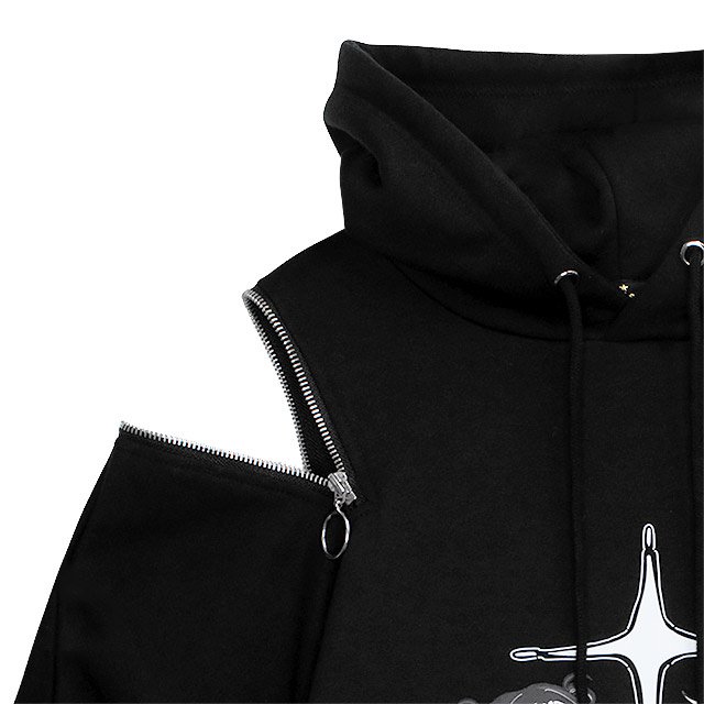 LISTEN FLAVOR x Kaibashira Shoulder Zip Hoodie Black - Tokyo Otaku