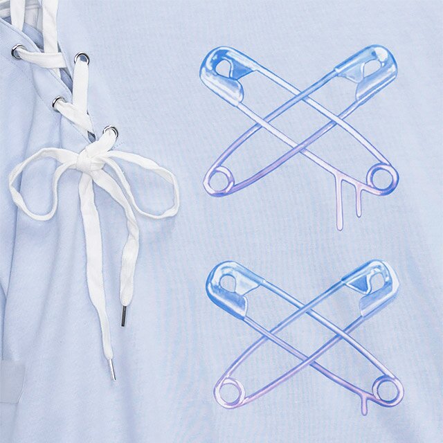 LISTEN FLAVOR Cross Safety Pin Lace-Up Asymmetrical Top