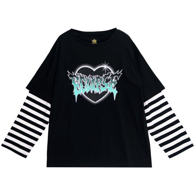 LISTEN FLAVOR Heart Metal Logo Layered-Style Long Sleeve T-Shirt