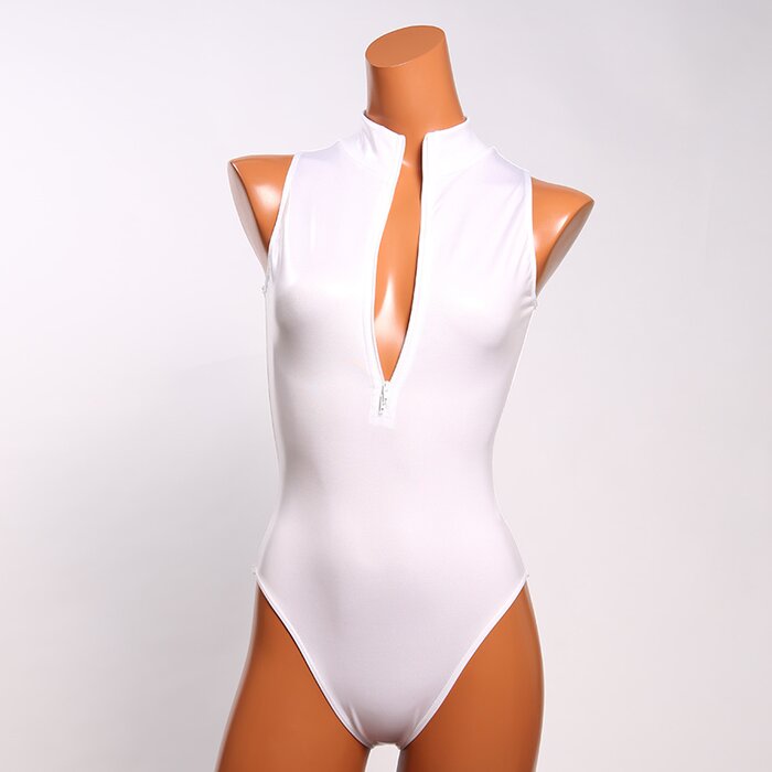 white zip front swimsuit