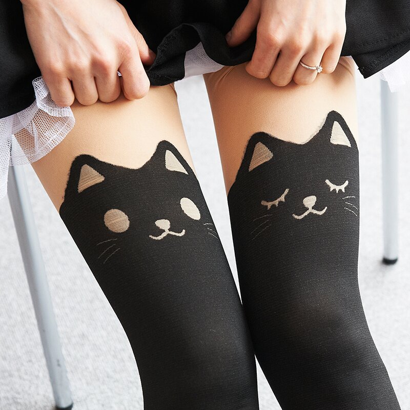 Faux Over Knee Socks Tattoo Tights Women Cute Cat Design Thigh