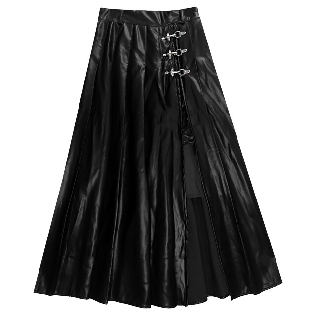LISTEN FLAVOR Black Leather Fire Buckle Layered-Style Pleated Skirt ...