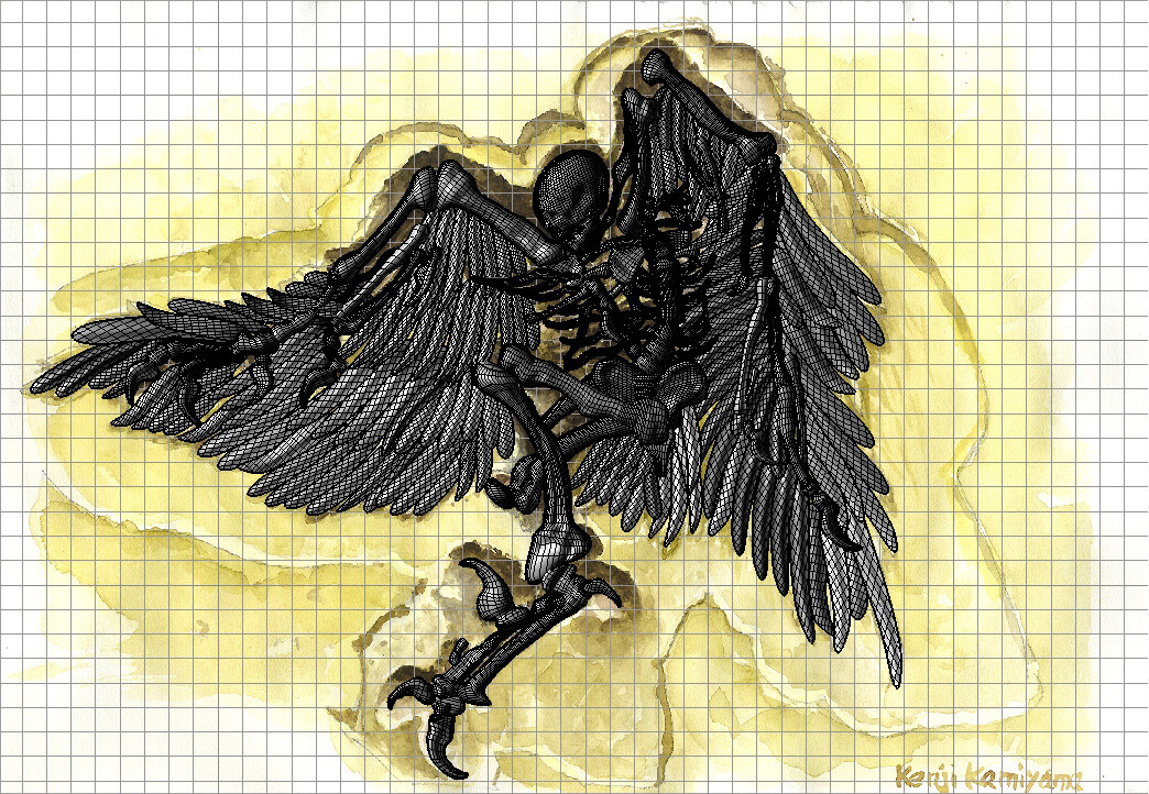 Based on the original picture the skeleton and each wing were modeled using 3D software. This work required one week and totalled 213 parts. 2