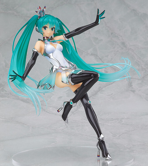 [Racing Miku 2013 Ver.](https://otakumode.com/shop/52a6652a4766b876540005dd). She is posed balancing on her left foot. Her smile is sure to knock you out! 3