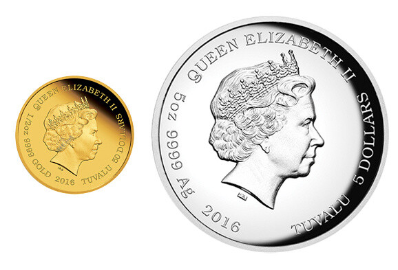 1/2 oz Gold Coin & 5 oz Silver Coin faces 1