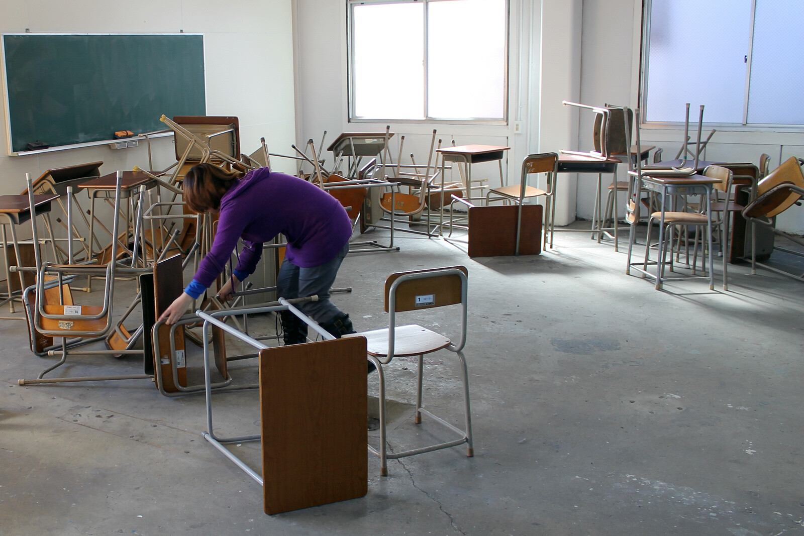 Set of abandoned classroom. How to flip the desk, to control carefully. 2