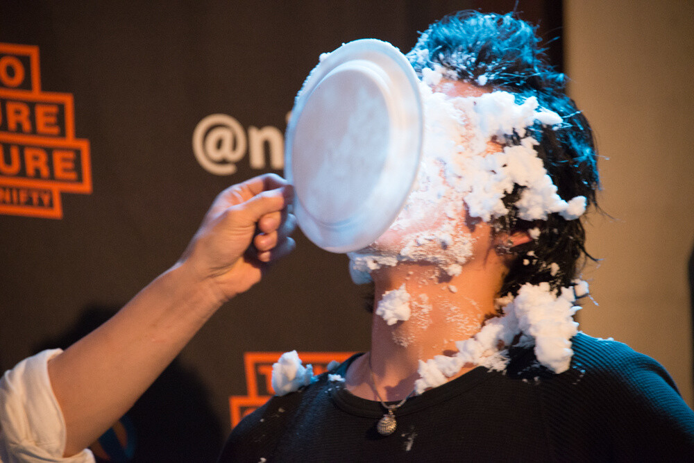 George helps him get the paper plate he pied him with. 28