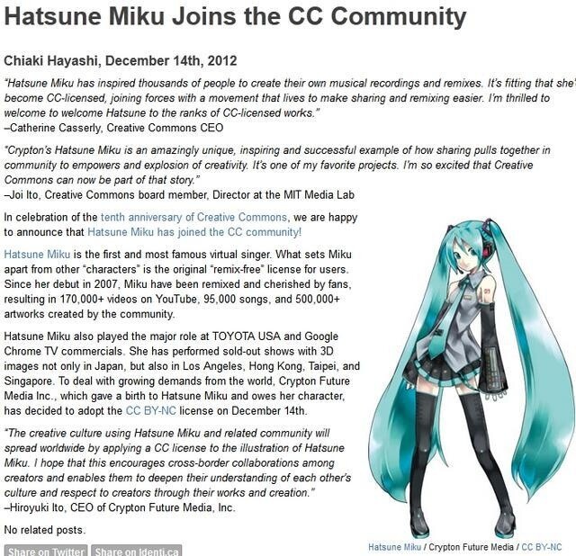 Hatsune Miku and Other Popular Vocaloids Join the Creative Commons Community 0