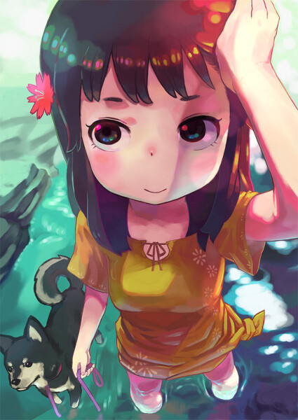 There is a dog with a curly tail right next to the girl. I think this illustration is really cute, and I absolutely like it. 2