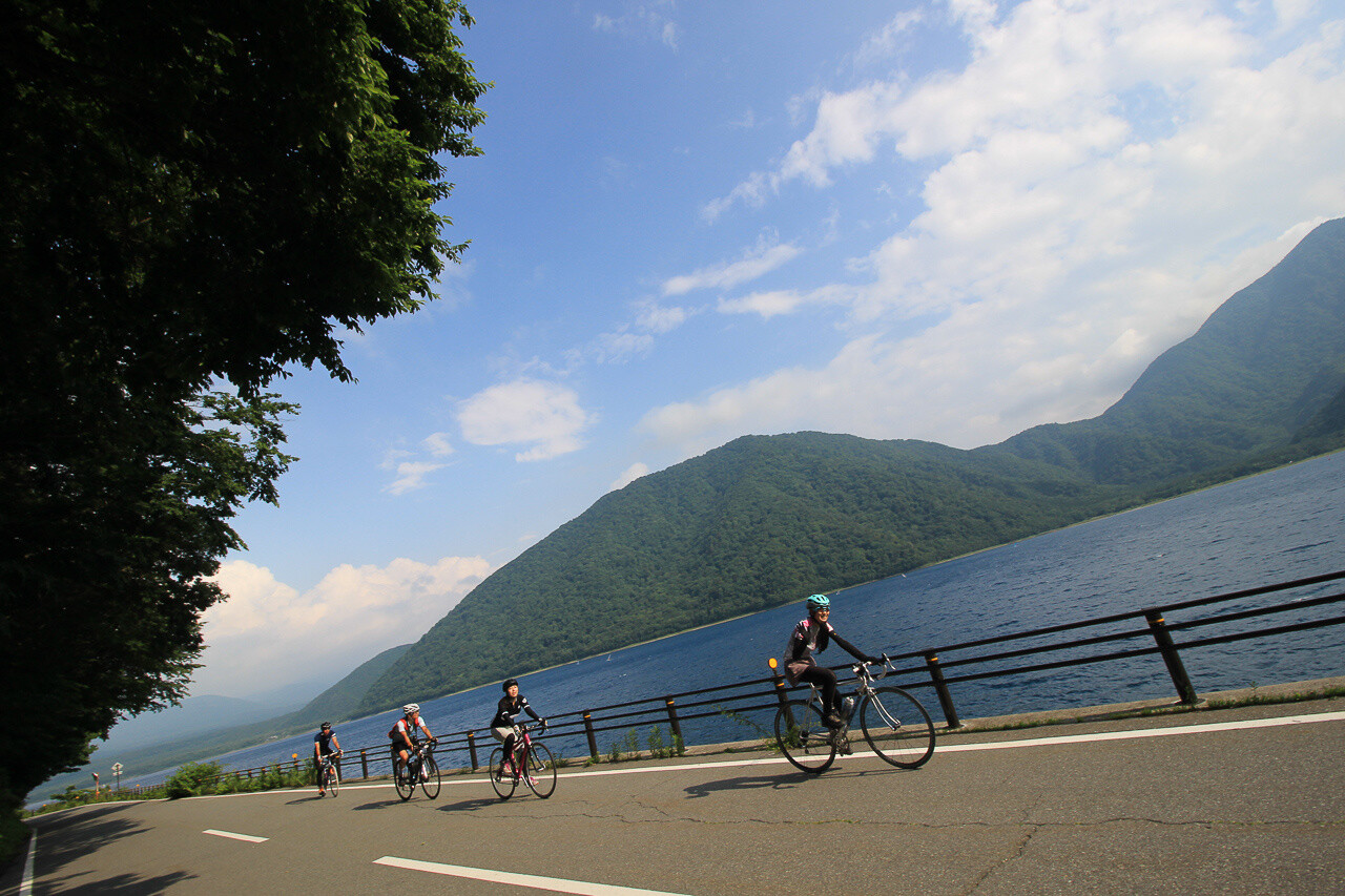 Cycling alongside one of the Fuji Five Lakes 1