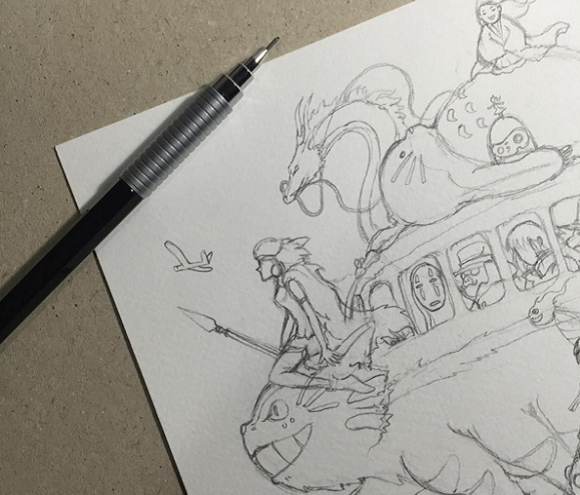 Pen-and-ink illustration takes us on a road trip through the whimsical world of Ghibli