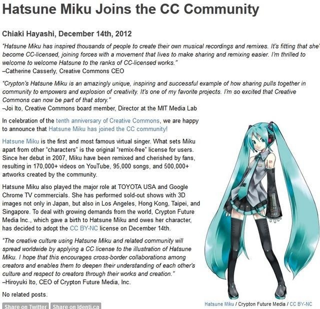 Hatsune Miku and Other Popular Vocaloids Join the Creative Commons Community